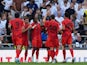 Bayern Munich's Mathys Tel celebrates scoring against Tottenham Hotspur on August 10, 2024