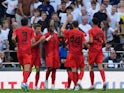 Bayern Munich's Mathys Tel celebrates scoring against Tottenham Hotspur on August 10, 2024