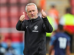 Neil Critchley manager of Blackpool applauds the travelling fans after the Pre-season friendly match Crewe Alexandra vs Blackpool at Alexandra Stadium, Crewe, United Kingdom, on August, 3 2024 [on August 8, 2024]