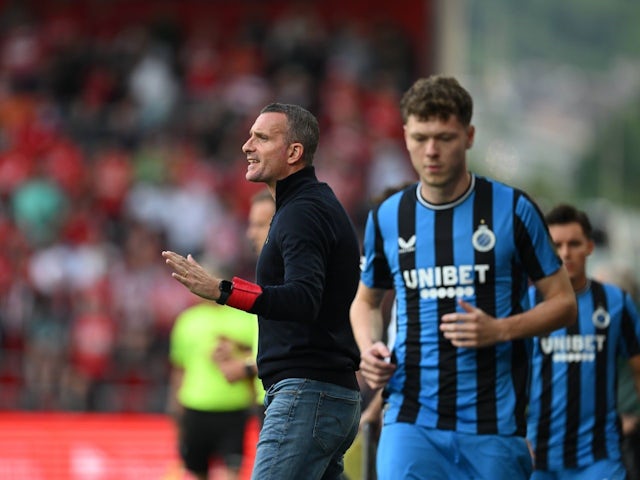 Head coach Nicky Hayen reacts during a soccer match between Standard de Liege and Club Brugge on Sunday August 4, 2024 [on August 9, 2024]