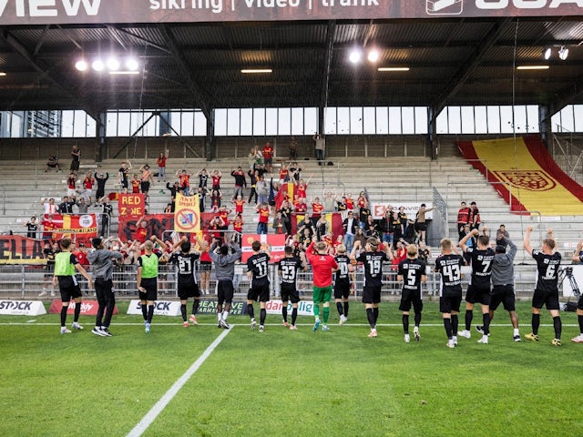  Nordsjaelland players celebrating after a win on August 9, 2024