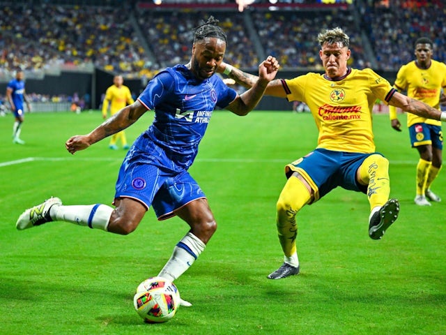 Chelsea FC forward Raheem Sterling (7) takes a shot as Club America defender Cristian Calderon (18) defends during the friendly between Chelsea FC and Club America on July 31, 2024 [on August 9, 2024]