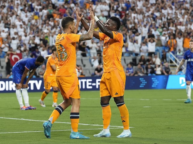 Real Madrid celebrate scoring a goal against Chelsea on August 6, 2024.