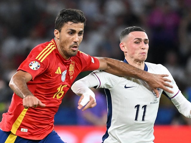 Spain's Rodri and England's Phil Foden in action on July 14, 2024