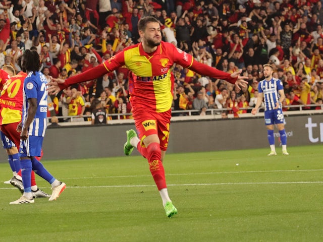 Goztepe's Romulo celebrates his goal in a TFF 1. Lig match against Erzurumspor on April 8, 2024