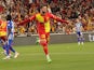 Goztepe's Romulo celebrates his goal in a TFF 1. Lig match against Erzurumspor on April 8, 2024