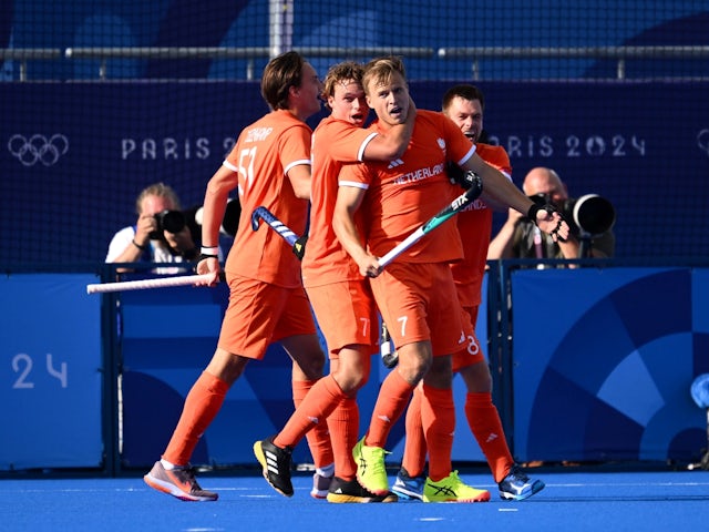 Netherlands Hockey player Thijs van Dam celebrates with teammates on August 4, 2024