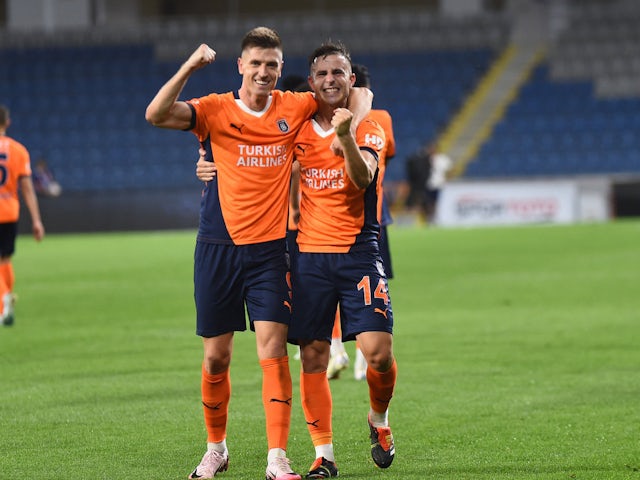 Tiflis Dimitrios Pelkas (R) of Basaksehir FK celebrates after scoring the first goal of his team with Krzysztof Piatek  on August 8, 2024