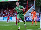 Forest Green Rovers forward Christian Doidge celebrates after scoring on August 10, 2024