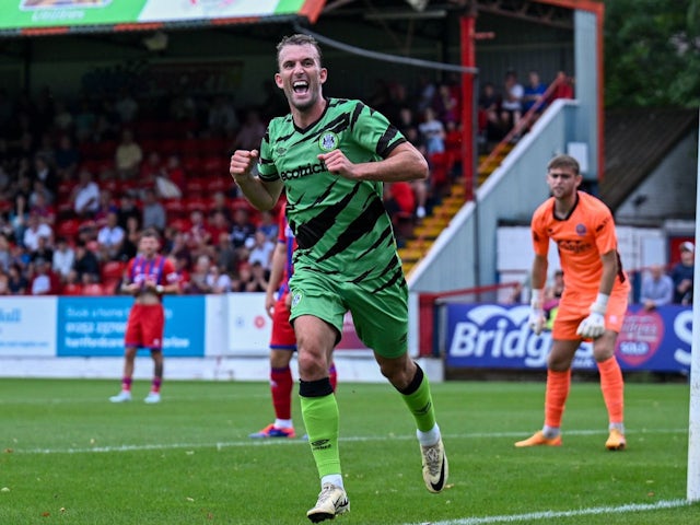 Forest Green Rovers forward Christian Doidge celebrates after scoring on August 10, 2024