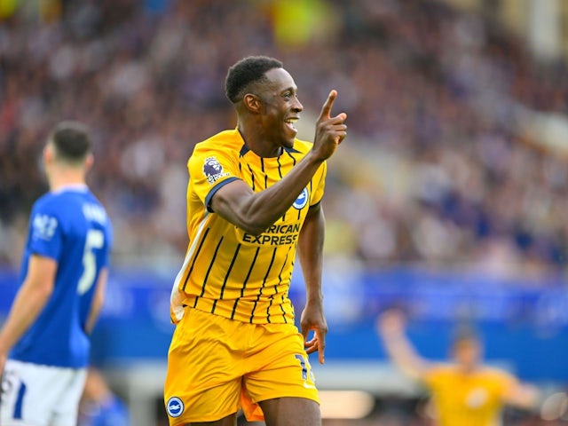 Brighton & Hove Albion forward Danny Welbeck (18) GOAL scores 0-2 and celebrates during the Premier League match between Everton and Brighton and Hove Albion at Goodison Park on August 17, 2024