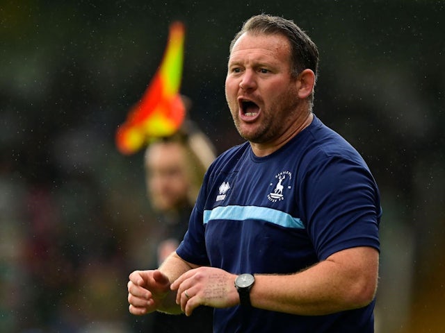 Darren Sarll of Hartlepool United shouts at players during the English National League match between Yeovil Town and Hartlepool United at Huish Park on August 10, 2024 [on August 18, 2024]