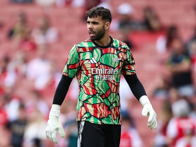 Arsenal goalkeeper David Raya warming up prior to kick off during the Arsenal FC v Bayer 04 Leverkusen pre-season friendly match at the Emirates Stadium, London, England, United Kingdom on 7 August 2024