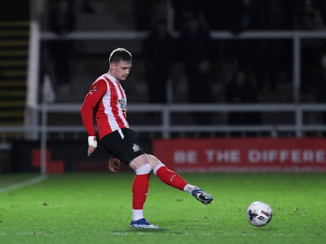 Eddy Jones of Altrincham is playing in the Vanarama National League match between Hartlepool United and Altrincham at Victoria Park in Hartlepool, on February 20, 2024 [on August 18, 2024]