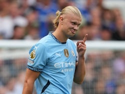 Manchester City's Erling Haaland celebrates scoring their first goal on August 18, 2024