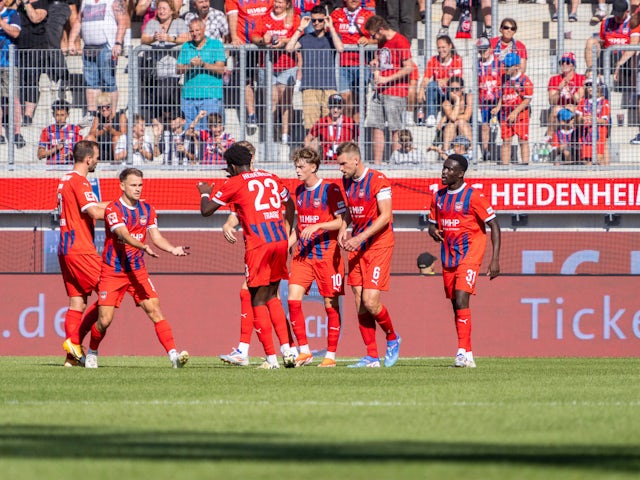 FC Heidenheim cheer their goal scorer Paul Wanner on August 8, 2024