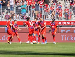 FC Heidenheim cheer their goal scorer Paul Wanner on August 8, 2024