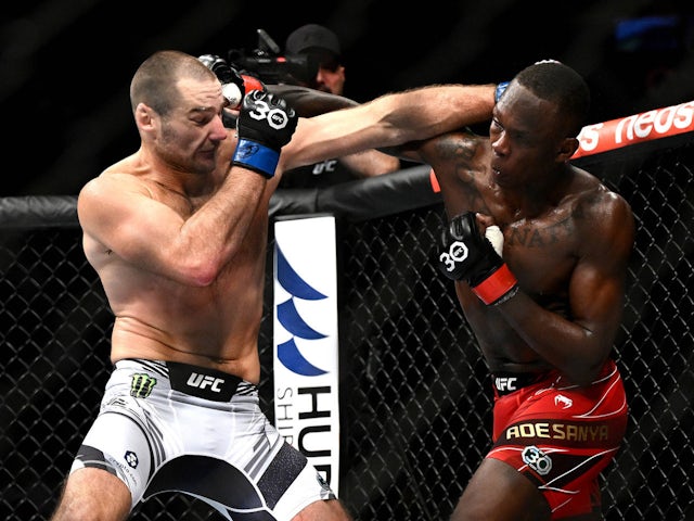 Israel Adesanya of Nigeria (right) and Sean Strickland of the USA during the Middleweight Title bout on August 8, 2024