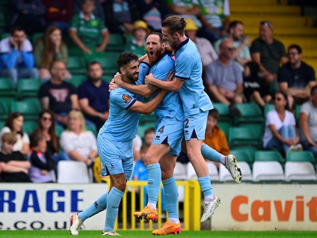 Goal celebration for Jack Hunter of Hartlepool United with Tom Parkes of Hartlepool United during the English National League match between Yeovil Town and Hartlepool United at Huish Park on August 10, 2024 [on August 18, 2024]