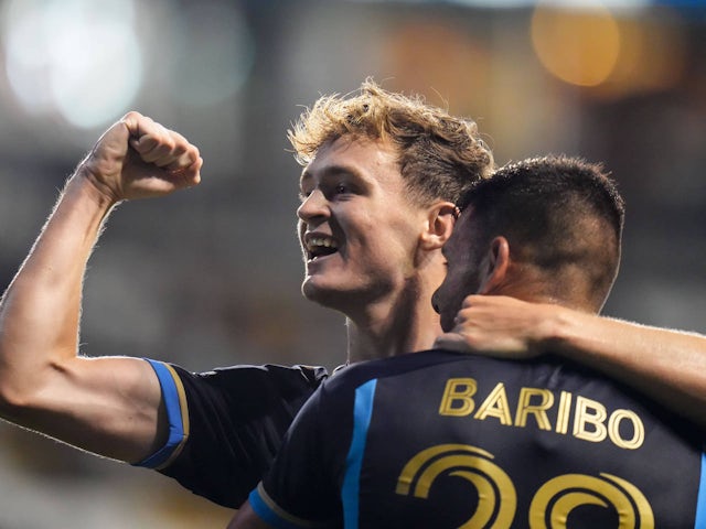  Jack McGlynn and Tai Baribo celebrate a Philadelphia Union goal on August 9, 2024