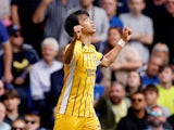 Brighton & Hove Albion's Kaoru Mitoma celebrates scoring their first goal on August 17, 2024