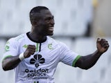 Cercle Brugge's Kevin Denkey celebrates after scoring on August 11, 2024