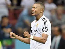 Real Madrid's Kylian Mbappe celebrates scoring against Atalanta BC on August 14, 2024