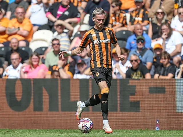 Liam Millar of Hull City in action during the Sky Bet Championship match against Bristol City at the MKM Stadium on August 10, 2024