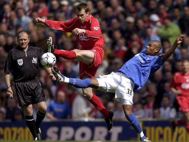 Liverpool's Dietmar Hamann and Ipswich Town's Marcus Bent pictured in 2002