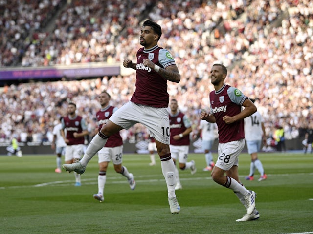 West Ham United midfielder Lucas Paqueta celebrating scoring against Aston Villa on August 17, 2024.