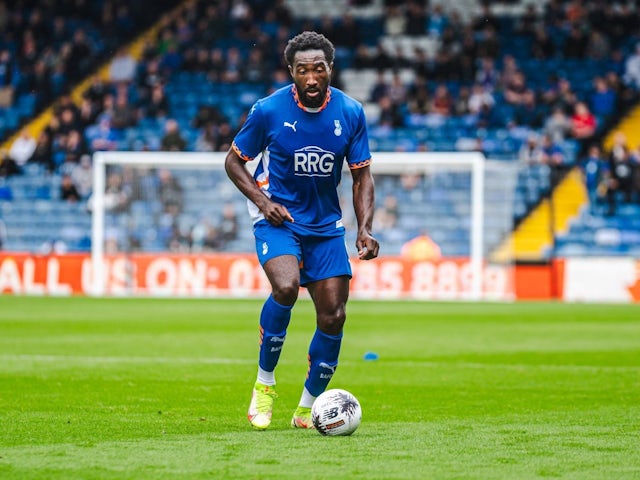 Manny Monthe is playing during the Pre-season Friendly match between Oldham Athletic and Stockport County at Boundary Park in Oldham, England, on July 13, 2024 [on August 18, 2024]