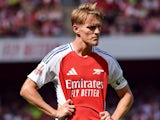 Arsenal midfielder Martin Odegaard (8) during the Arsenal FC v Olympique Lyonnais pre-season friendly match at the Emirates Stadium, London, England, United Kingdom on 11 August 2024