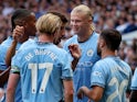 Manchester City's Erling Haaland celebrates scoring their first goal on August 18, 2024