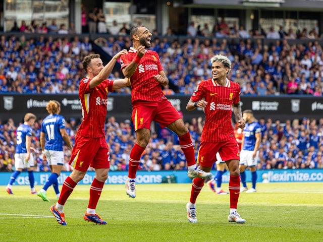 Liverpool's Mohamed Salah celebrates after scoring the second goal on August 17, 2024