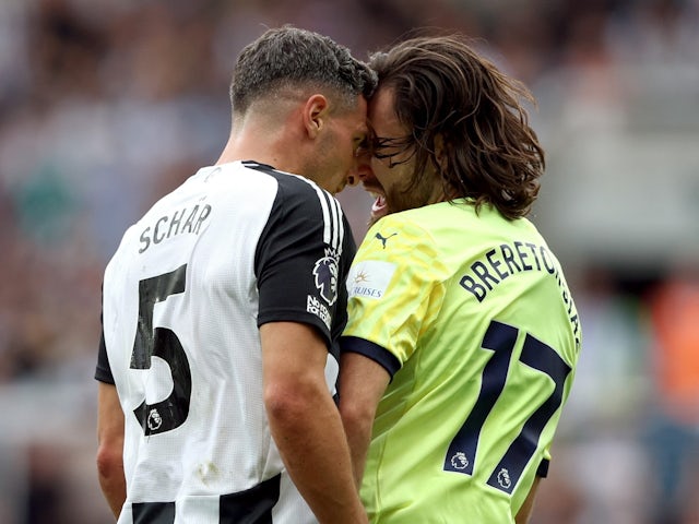 Newcastle United's Fabian Schar clashes with Southampton's Ben Brereton Diaz on August 17, 2024