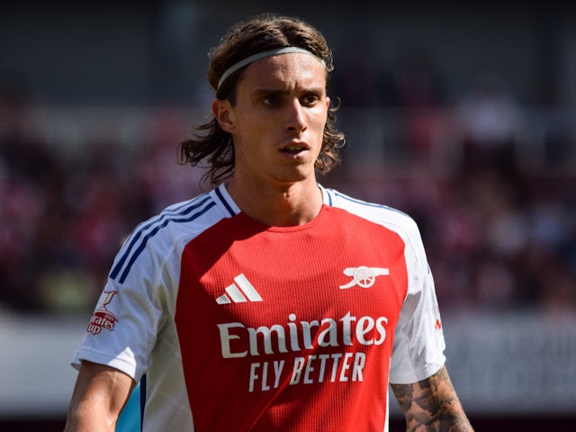 Riccardo Calafiori in action for Arsenal in August 2024