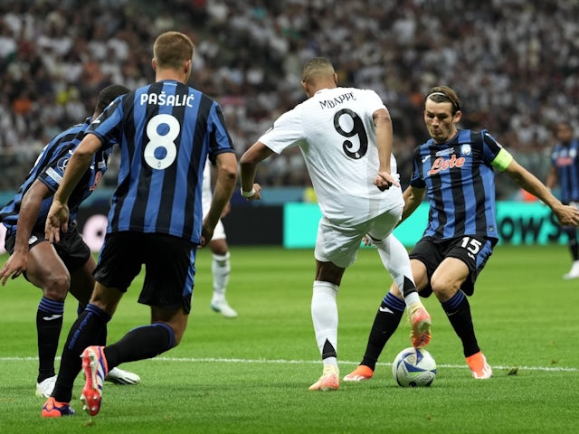 Real Madrid attacker Kylian Mbappe in action against Atalanta BC on August 14, 2024