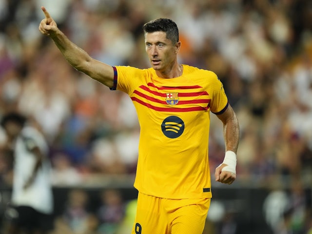 Barcelona's Robert Lewandowski celebrates scoring against Valencia on August 17, 2024