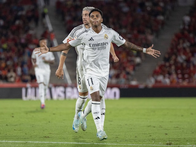 Real Madrid's Rodrygo celebrates scoring against Mallorca on August 18, 2024