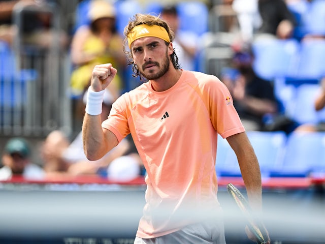 Stefanos Tsitsipas in action at the Cincinnati Open in August 2024.