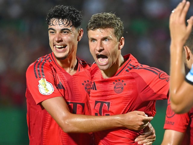 Bayern Munich's Thomas Muller celebrates scoring on August 16, 2024