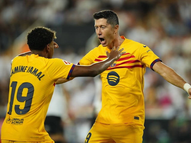 Sport News Barcelona's Robert Lewandowski celebrates scoring against Valencia on August 17, 2024