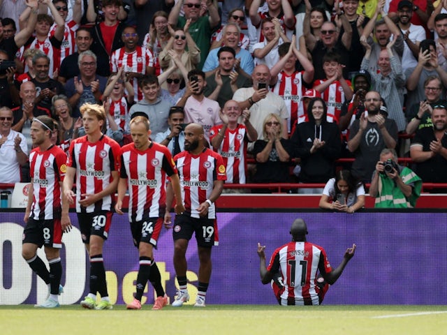 Brentford's Yoane Wissa celebrates scoring their second goal on August 18, 2024