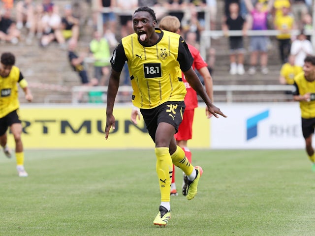 Borussia Dortmund's Abdoulaye Kamara celebrates after scoring on August 3, 2024