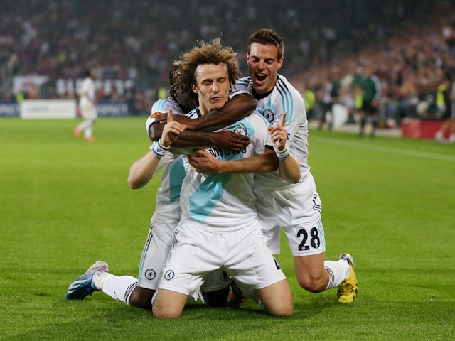 Chelsea defender David Luiz celebrates goal against Basel in Europa League in April 2013.