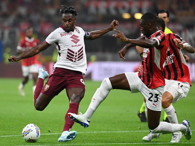 Duvan Zapata (Torino Fc) shooting on goal during AC Milan vs Torino FC, August 17 2024