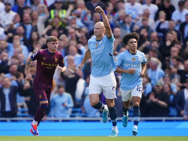 Manchester City's Erling Haaland celebrates scoring against Ipswich Town on August 24, 2024