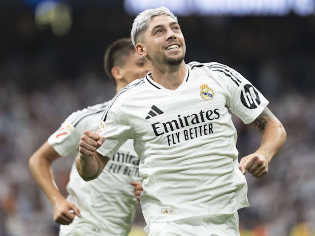 Real Madrid's Federico Valverde celebrates scoring on August 25, 2024