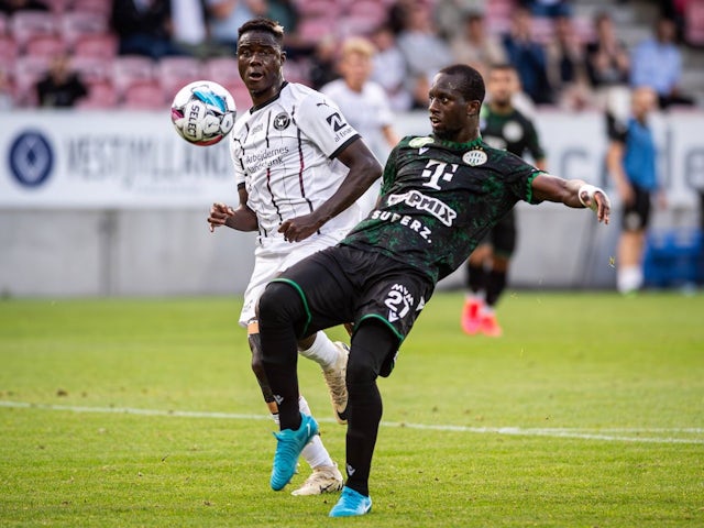 Franculino (7) of FC Midtjylland and Ibrahim Cisse (27) of Ferencvaros seen during the UEFA Champions League qualification match between FC Midtjylland and Ferencvaros at MCH Arena in Herning on August 6, 2024 [on August 20, 2024]