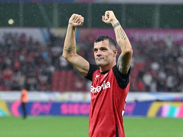 Granit Xhaka of Bayer Leverkusen celebrates in the Supercup final against Stuttgart on August 17, 2024 [on August 21, 2024]